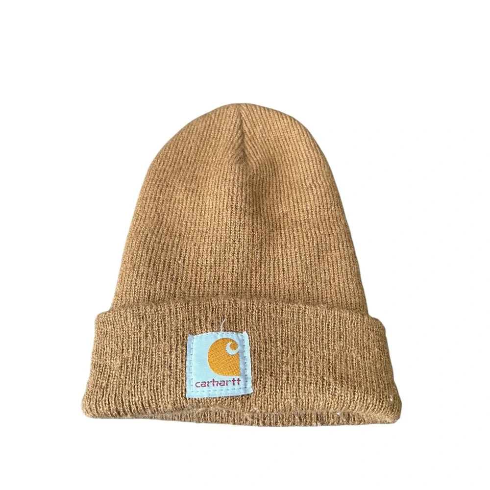 Carhartt Brown Knit Beanie Hat Kids Toddler Size Logo Patch Cuffed Cap